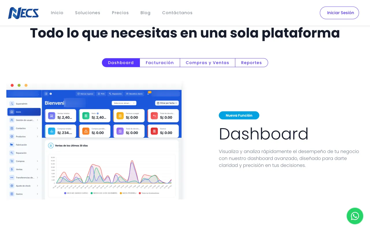 Sistema POS NECS con módulos de facturación, ventas y reportes integrados