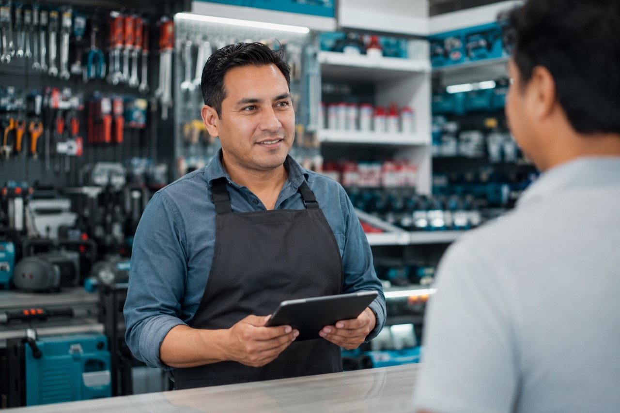 Dueño de ferretería atendiendo a un cliente con NECS en una tablet