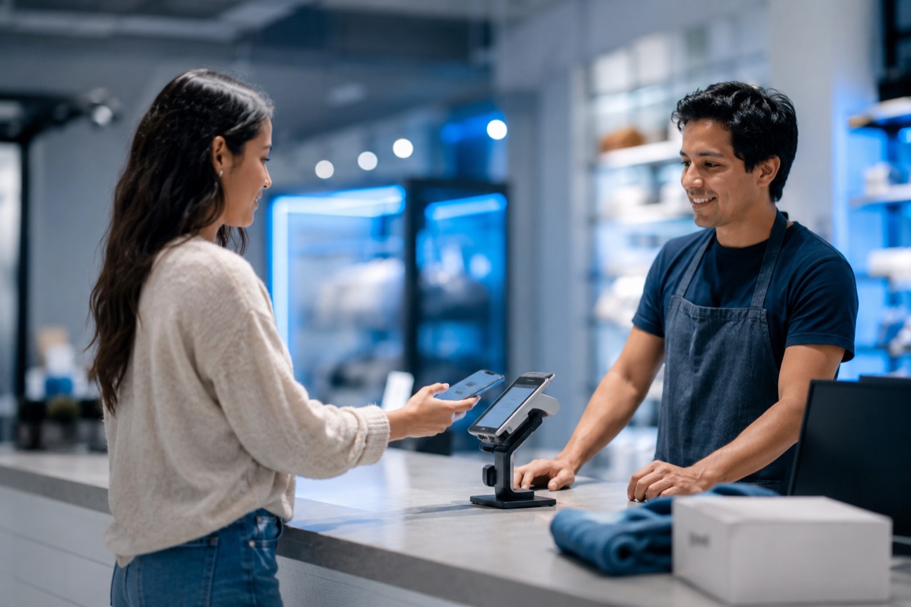 Cliente pagando con el celular en el mostrador de una tienda con NECS