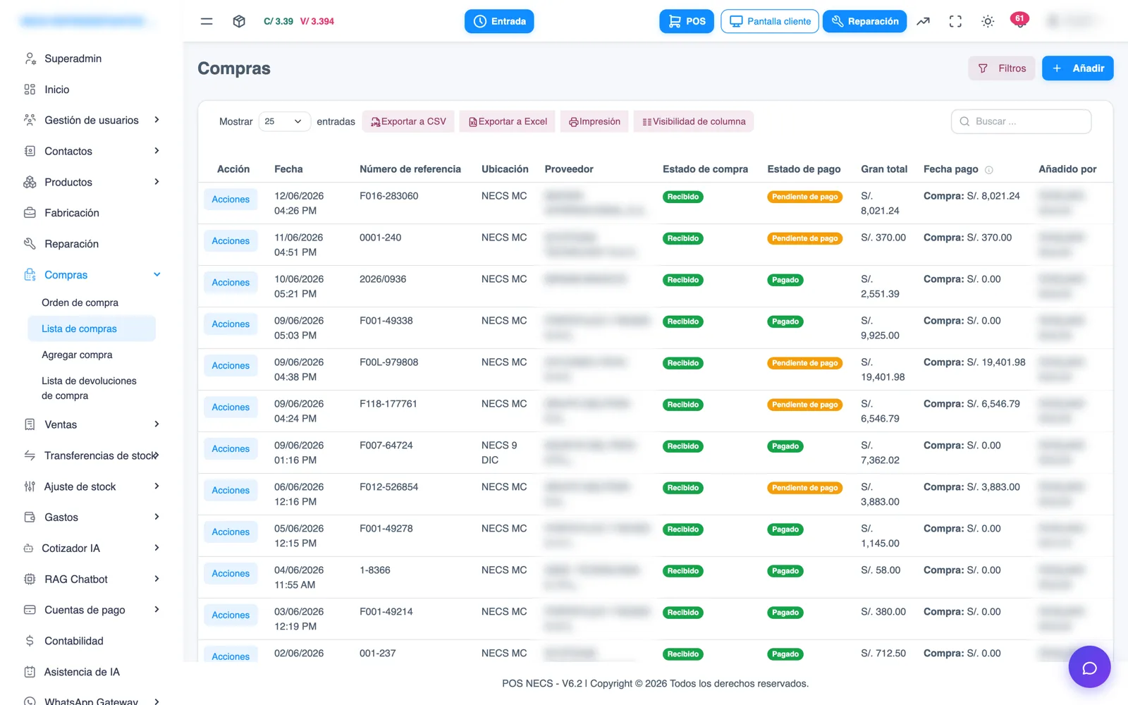 Panel de control POS NECS con módulos de ventas, facturación y despacho de mercadería